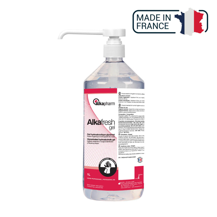 Alkafresh - Gel hydroalcoolique glycériné pour la désinfection des mains - Flacon pompe - 1 L - Alkapharm - My Podologie