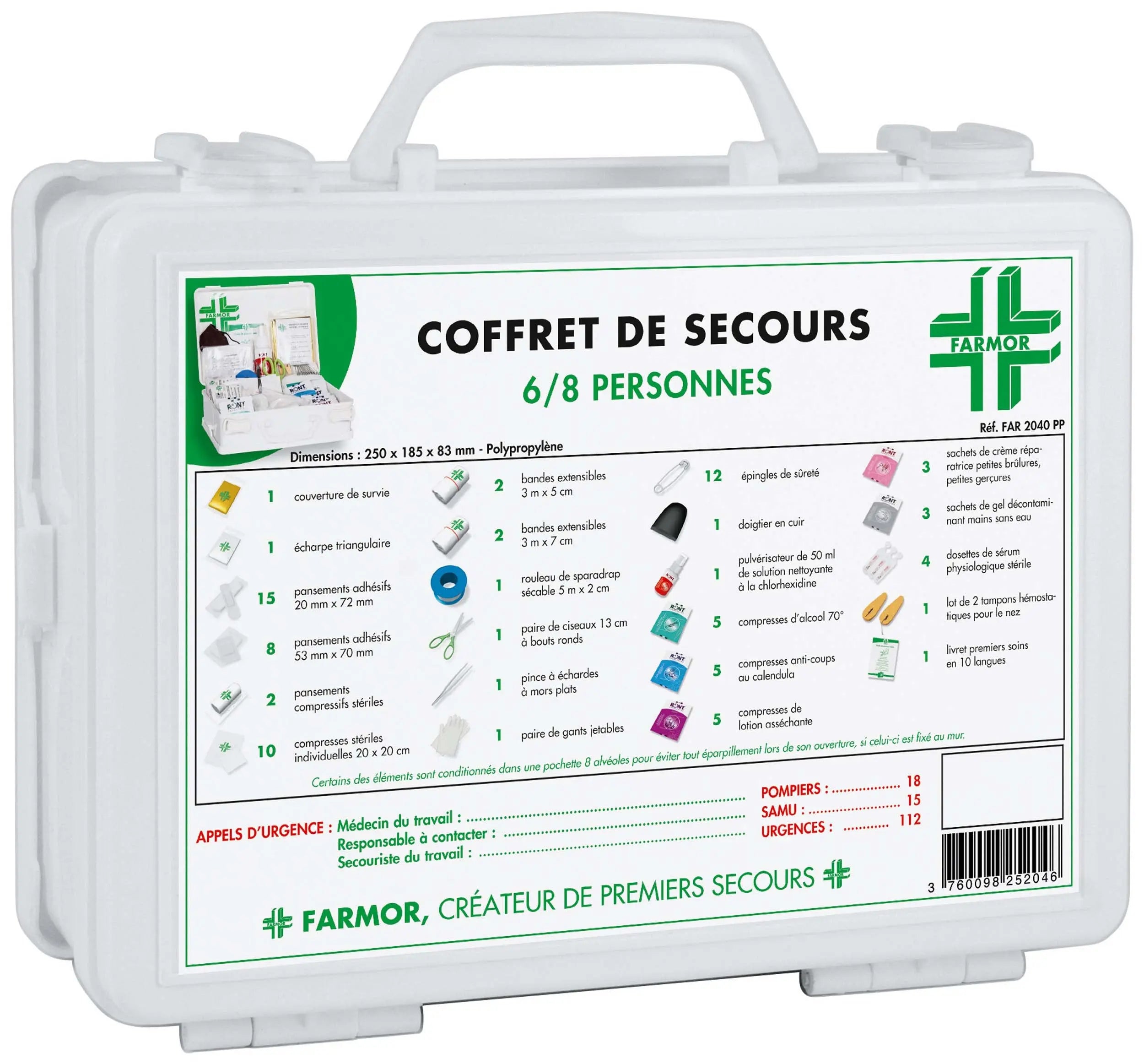 Coffret de secours 6 à 8 personnes avec support mural - Farmor - My Podologie